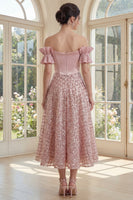 Laden Sie das Bild in den Galerie-Viewer, Off-the-shoulder Rouge-Korsett Ein Linien-Midi-Kleid mit Schleife