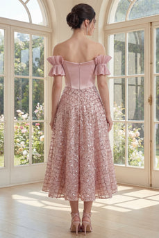 Off-the-shoulder Rouge-Korsett Ein Linien-Midi-Kleid mit Schleife