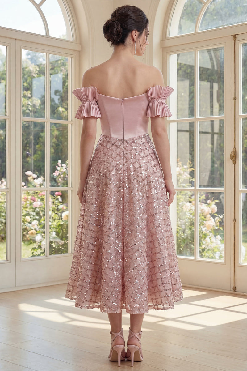 Laden Sie das Bild in den Galerie-Viewer, Off-the-shoulder Rouge-Korsett Ein Linien-Midi-Kleid mit Schleife