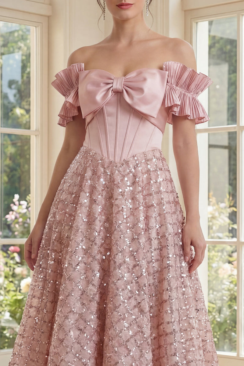 Laden Sie das Bild in den Galerie-Viewer, Off-the-shoulder Rouge-Korsett Ein Linien-Midi-Kleid mit Schleife
