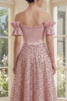 Laden Sie das Bild in den Galerie-Viewer, Off-the-shoulder Rouge-Korsett Ein Linien-Midi-Kleid mit Schleife