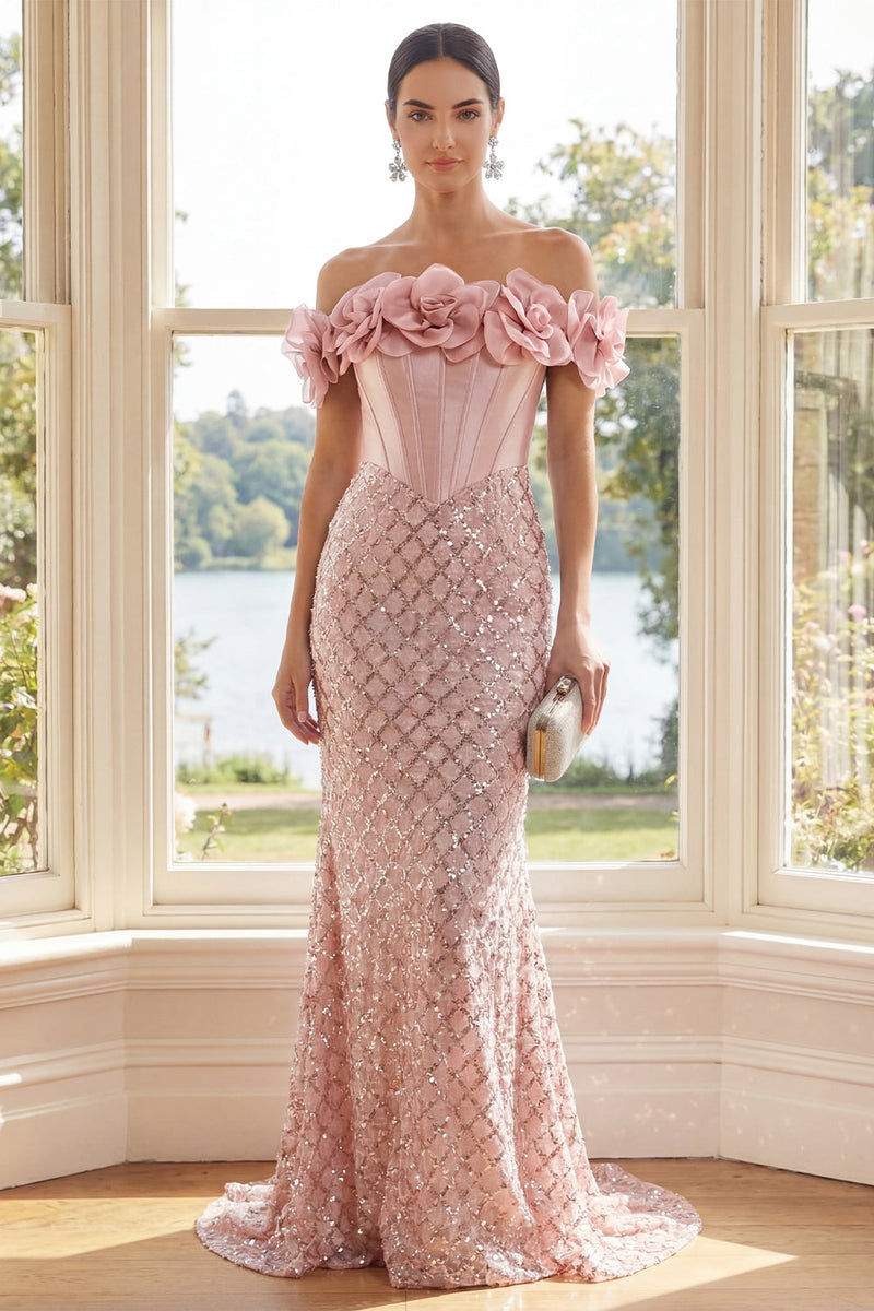 Laden Sie das Bild in den Galerie-Viewer, Off-the-shoulder Rouge-Pailletten-Meerjungfrau-Korsett-Maxi-Kleid mit 3D-Blumen