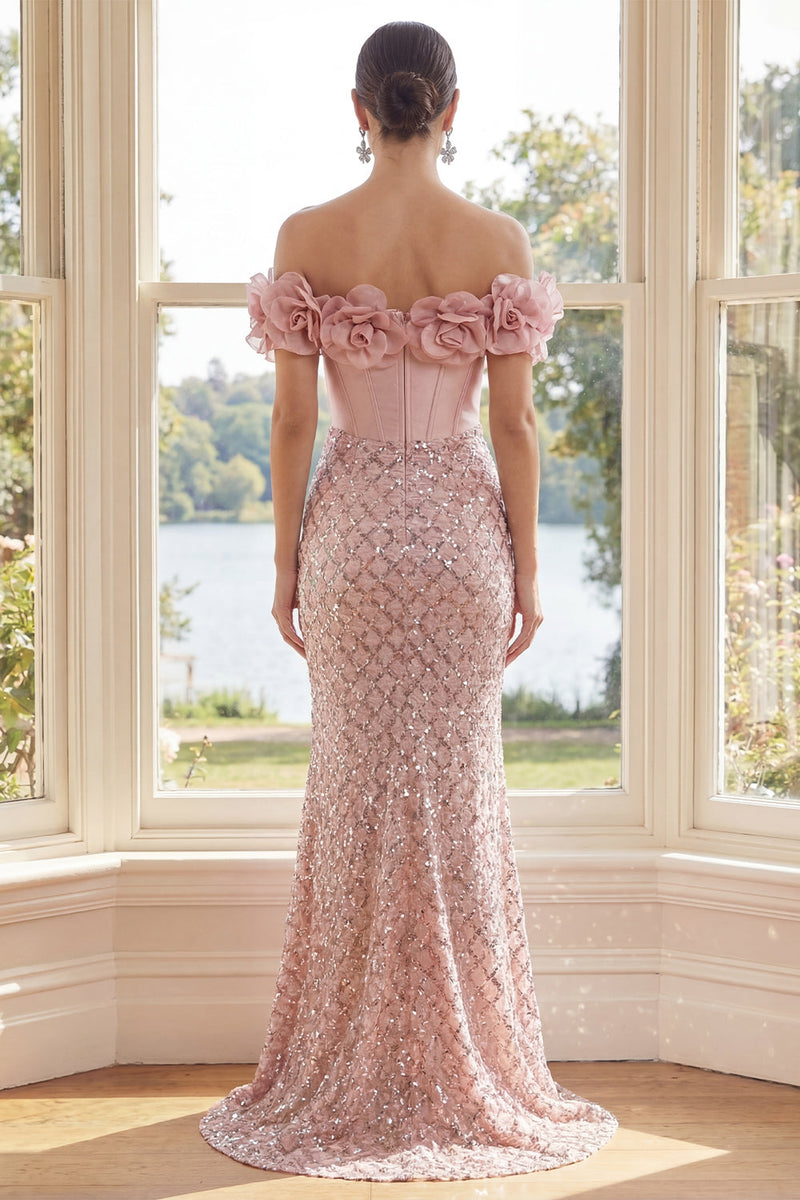 Laden Sie das Bild in den Galerie-Viewer, Off-the-shoulder Rouge-Pailletten-Meerjungfrau-Korsett-Maxi-Kleid mit 3D-Blumen