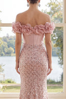 Laden Sie das Bild in den Galerie-Viewer, Off-the-shoulder Rouge-Pailletten-Meerjungfrau-Korsett-Maxi-Kleid mit 3D-Blumen