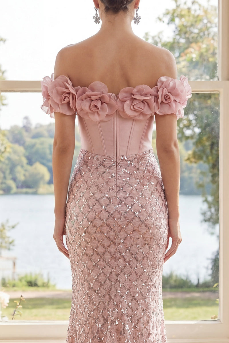 Laden Sie das Bild in den Galerie-Viewer, Off-the-shoulder Rouge-Pailletten-Meerjungfrau-Korsett-Maxi-Kleid mit 3D-Blumen