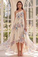 Laden Sie das Bild in den Galerie-Viewer, Aprikosenfarbenes A-Schulter-A-Linie-High-Low-Strand-Blumenkleid