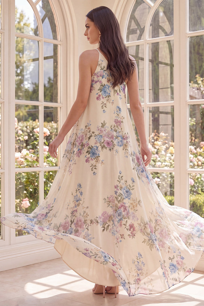 Laden Sie das Bild in den Galerie-Viewer, Aprikosenfarbenes A-Schulter-A-Linie-High-Low-Strand-Blumenkleid