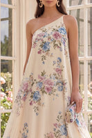 Laden Sie das Bild in den Galerie-Viewer, Aprikosenfarbenes A-Schulter-A-Linie-High-Low-Strand-Blumenkleid