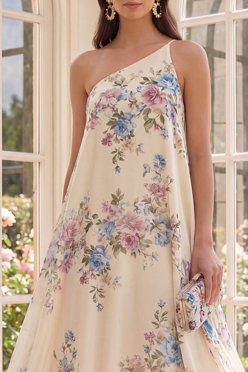 Laden Sie das Bild in den Galerie-Viewer, Aprikosenfarbenes A-Schulter-A-Linie-High-Low-Strand-Blumenkleid