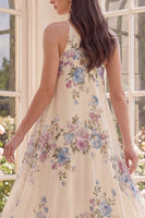 Laden Sie das Bild in den Galerie-Viewer, Aprikosenfarbenes A-Schulter-A-Linie-High-Low-Strand-Blumenkleid