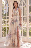 Laden Sie das Bild in den Galerie-Viewer, Halter, rückenloses Aprikosen-Blumenmuster A-Linie Maxi Beach Maxi-Kleid mit Schlitz