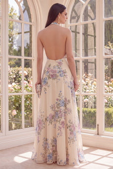 Halter, rückenloses Aprikosen-Blumenmuster A-Linie Maxi Beach Maxi-Kleid mit Schlitz