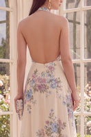 Laden Sie das Bild in den Galerie-Viewer, Halter, rückenloses Aprikosen-Blumenmuster A-Linie Maxi Beach Maxi-Kleid mit Schlitz