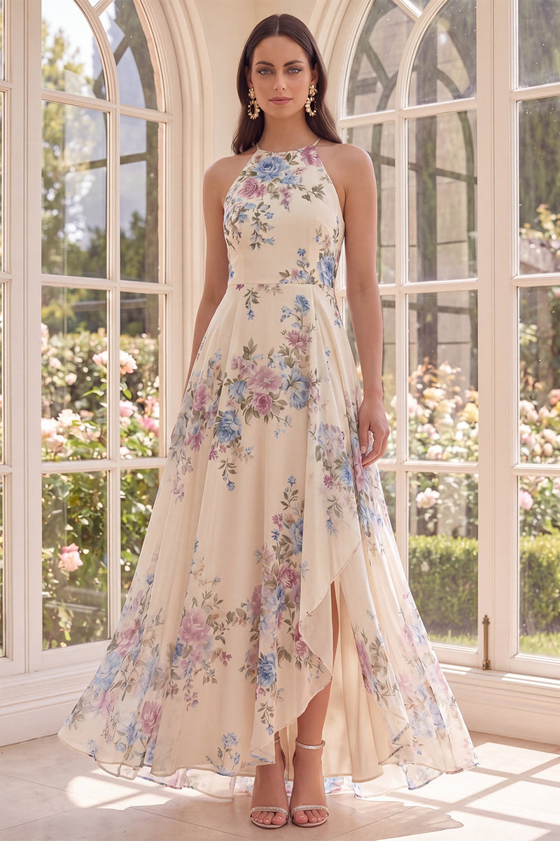 Laden Sie das Bild in den Galerie-Viewer, Ein Line-Neckholder-Aprikosen-Blumen-Rüschen-Beach-Maxi-Kleid mit offenem Rücken und Schlitz