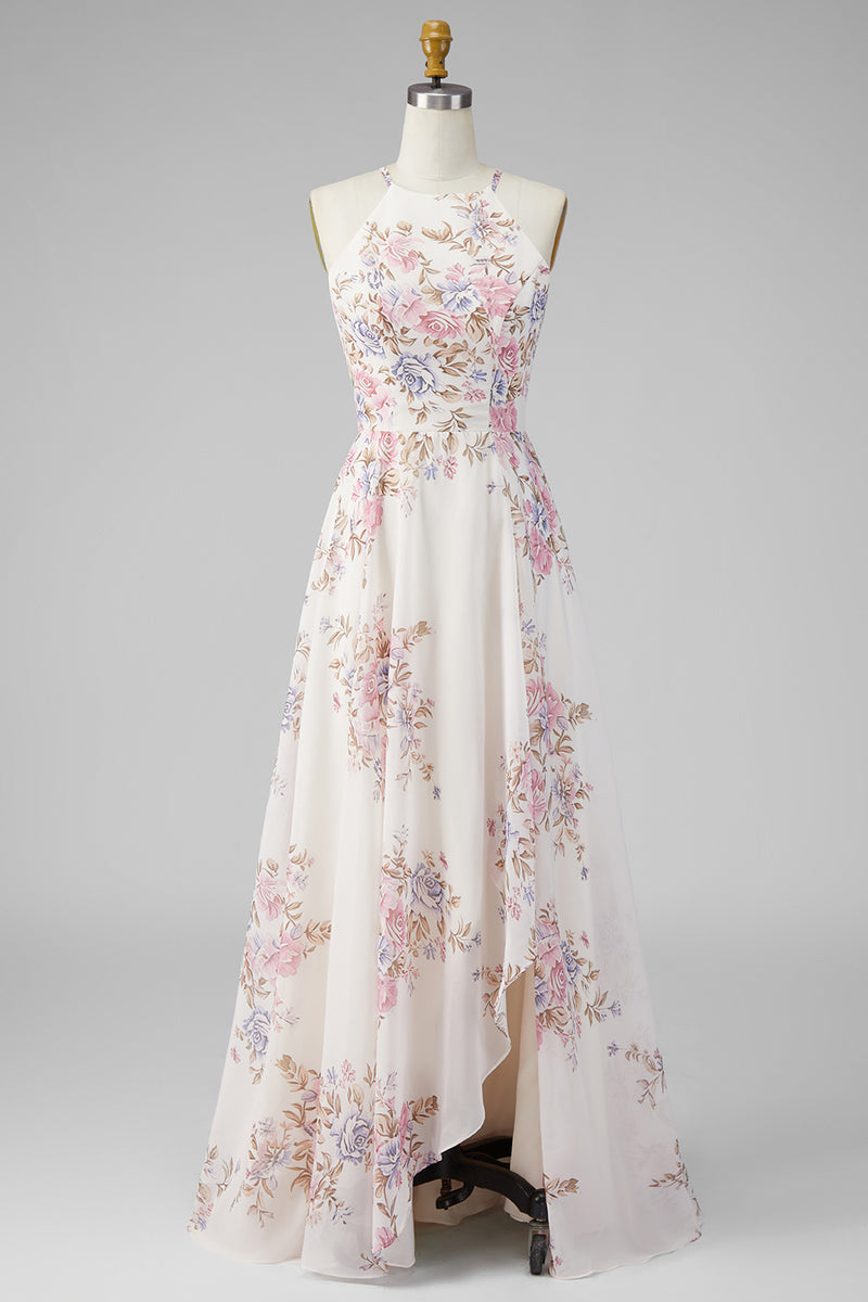 Laden Sie das Bild in den Galerie-Viewer, Ein Line-Neckholder-Aprikosen-Blumen-Rüschen-Beach-Maxi-Kleid mit offenem Rücken und Schlitz