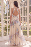 Laden Sie das Bild in den Galerie-Viewer, Ein Line-Neckholder-Aprikosen-Blumen-Rüschen-Beach-Maxi-Kleid mit offenem Rücken und Schlitz