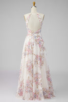Laden Sie das Bild in den Galerie-Viewer, Ein Line-Neckholder-Aprikosen-Blumen-Rüschen-Beach-Maxi-Kleid mit offenem Rücken und Schlitz