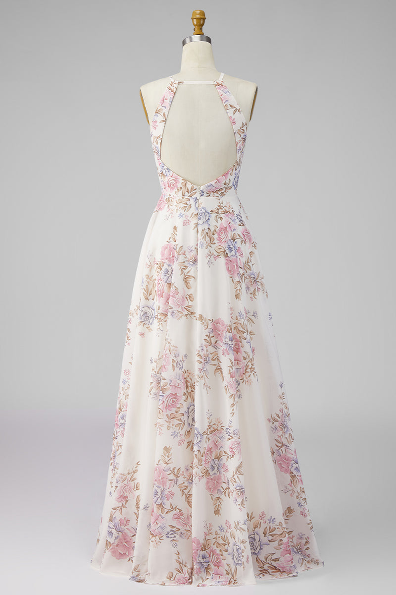 Laden Sie das Bild in den Galerie-Viewer, Ein Line-Neckholder-Aprikosen-Blumen-Rüschen-Beach-Maxi-Kleid mit offenem Rücken und Schlitz