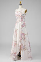 Laden Sie das Bild in den Galerie-Viewer, Ein Line-Neckholder-Aprikosen-Blumen-Rüschen-Beach-Maxi-Kleid mit offenem Rücken und Schlitz
