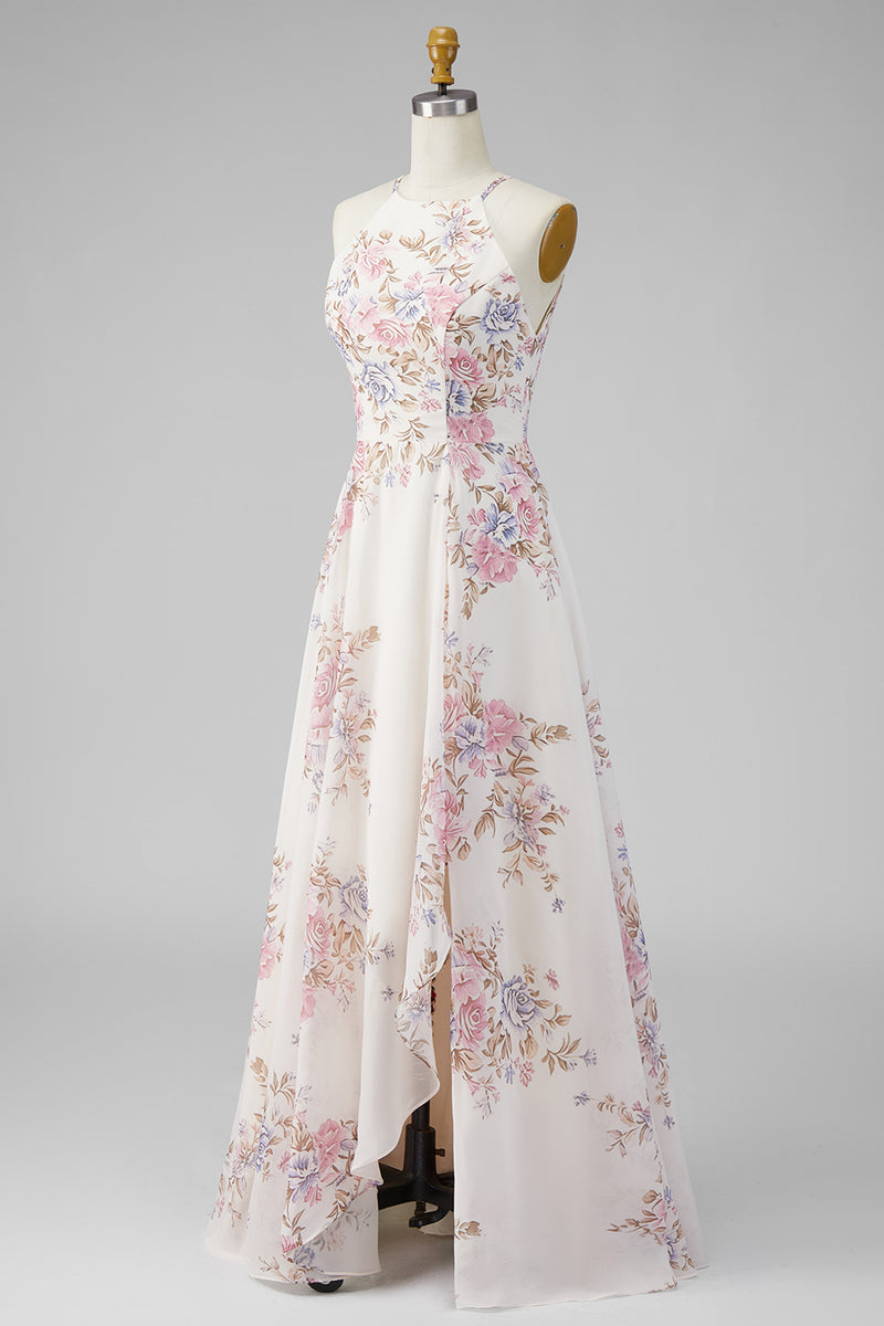 Laden Sie das Bild in den Galerie-Viewer, Ein Line-Neckholder-Aprikosen-Blumen-Rüschen-Beach-Maxi-Kleid mit offenem Rücken und Schlitz