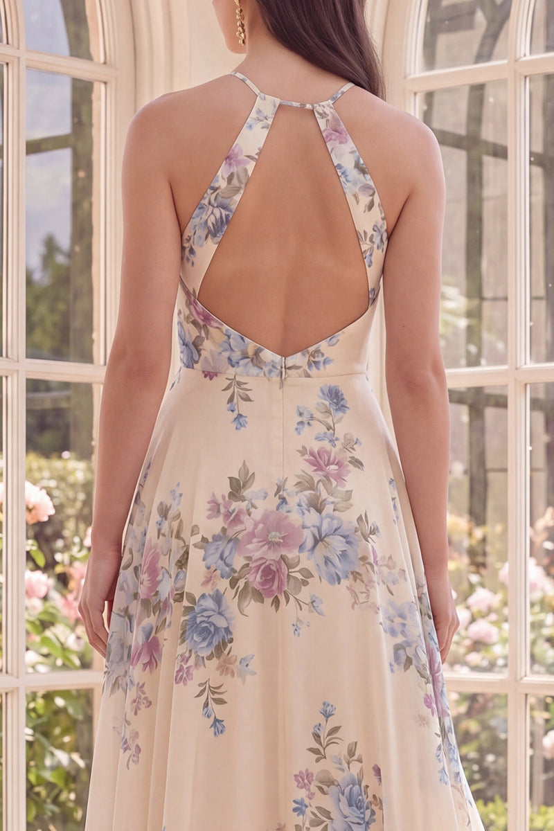 Laden Sie das Bild in den Galerie-Viewer, Ein Line-Neckholder-Aprikosen-Blumen-Rüschen-Beach-Maxi-Kleid mit offenem Rücken und Schlitz