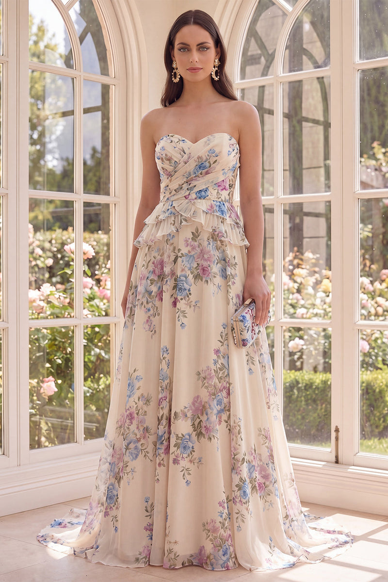 Laden Sie das Bild in den Galerie-Viewer, Baskisches Aprikosen-Aprikosen-Kleid mit Blumen und Rüschen