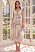 Laden Sie das Bild in den Galerie-Viewer, Raffter Aprikosen-V-Ausschnitt Blumen-A-Linie Strand-Midi-Kleid