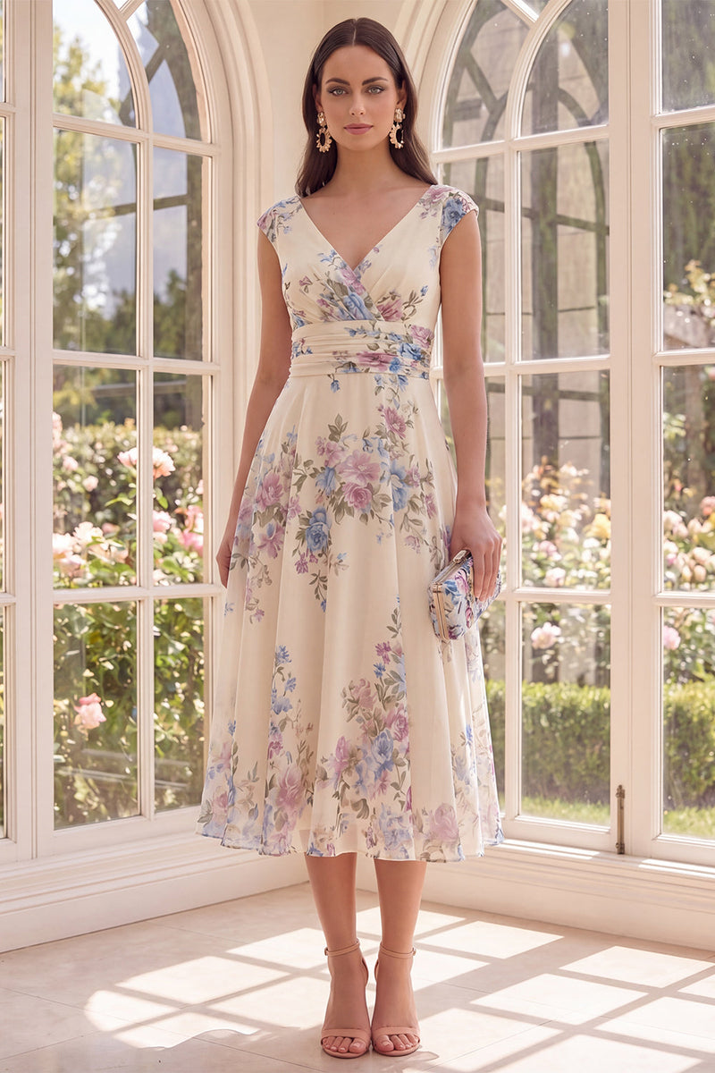 Laden Sie das Bild in den Galerie-Viewer, Raffter Aprikosen-V-Ausschnitt Blumen-A-Linie Strand-Midi-Kleid