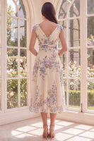 Laden Sie das Bild in den Galerie-Viewer, Raffter Aprikosen-V-Ausschnitt Blumen-A-Linie Strand-Midi-Kleid