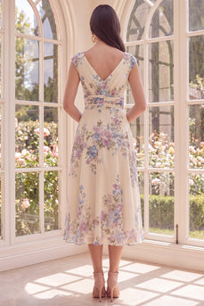 Raffter Aprikosen-V-Ausschnitt Blumen-A-Linie Strand-Midi-Kleid
