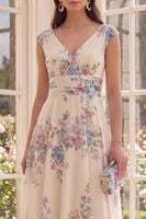 Laden Sie das Bild in den Galerie-Viewer, Raffter Aprikosen-V-Ausschnitt Blumen-A-Linie Strand-Midi-Kleid