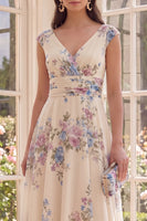 Laden Sie das Bild in den Galerie-Viewer, Raffter Aprikosen-V-Ausschnitt Blumen-A-Linie Strand-Midi-Kleid