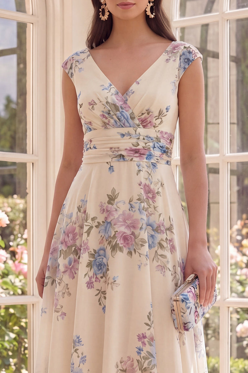 Laden Sie das Bild in den Galerie-Viewer, Raffter Aprikosen-V-Ausschnitt Blumen-A-Linie Strand-Midi-Kleid