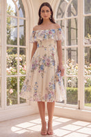 Laden Sie das Bild in den Galerie-Viewer, Off-the-shoulder A-Linie A-Linie Beach Midi Blumenkleid mit Rüschen