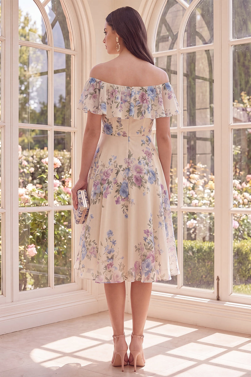 Laden Sie das Bild in den Galerie-Viewer, Off-the-shoulder A-Linie A-Linie Beach Midi Blumenkleid mit Rüschen