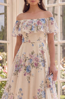 Laden Sie das Bild in den Galerie-Viewer, Off-the-shoulder A-Linie A-Linie Beach Midi Blumenkleid mit Rüschen