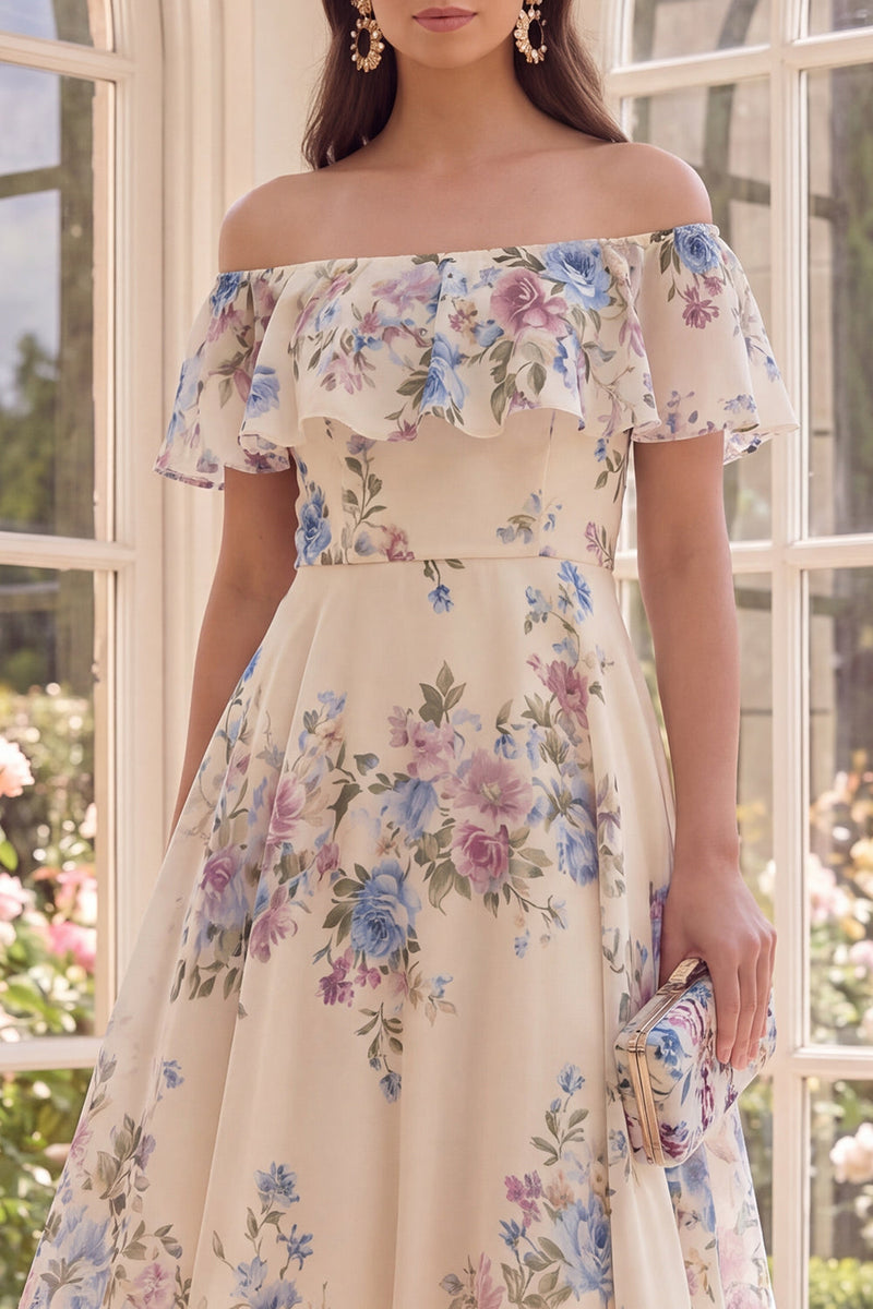 Laden Sie das Bild in den Galerie-Viewer, Off-the-shoulder A-Linie A-Linie Beach Midi Blumenkleid mit Rüschen