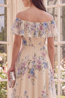 Laden Sie das Bild in den Galerie-Viewer, Off-the-shoulder A-Linie A-Linie Beach Midi Blumenkleid mit Rüschen