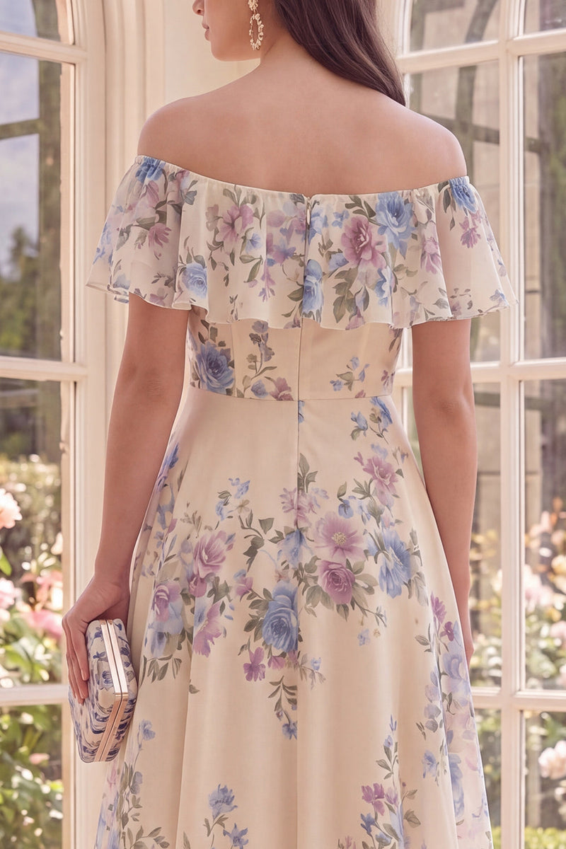 Laden Sie das Bild in den Galerie-Viewer, Off-the-shoulder A-Linie A-Linie Beach Midi Blumenkleid mit Rüschen