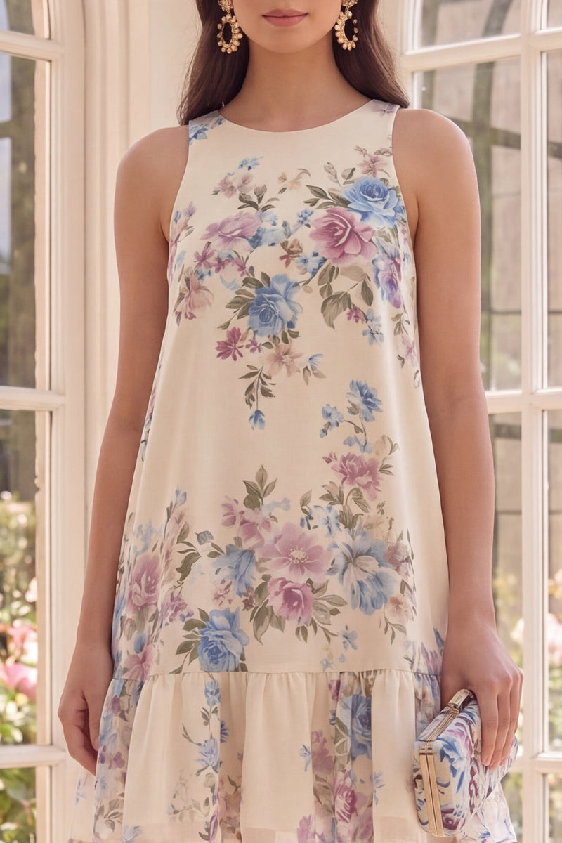 Laden Sie das Bild in den Galerie-Viewer, Bootsausschnitt Aprikosen-Blumen A Line Beach Mini-Blumenkleid