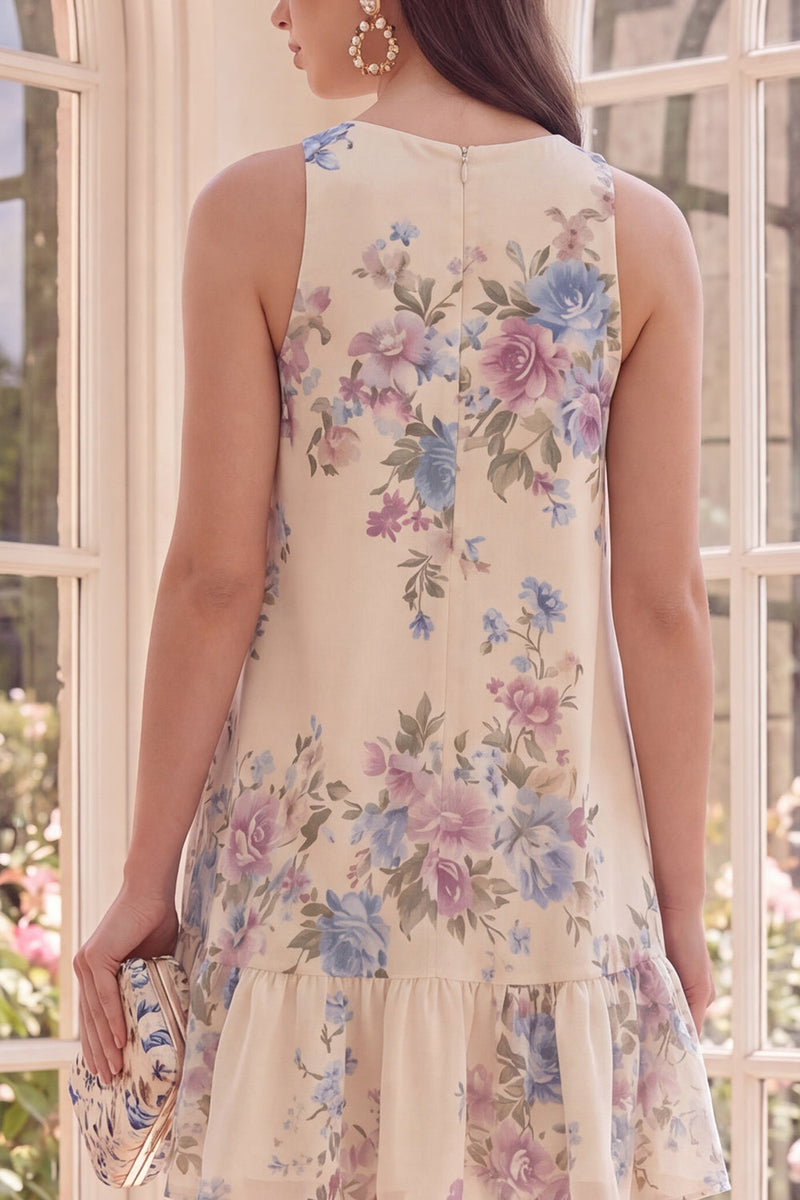 Laden Sie das Bild in den Galerie-Viewer, Bootsausschnitt Aprikosen-Blumen A Line Beach Mini-Blumenkleid