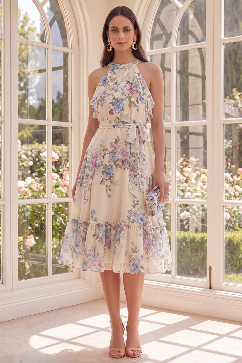 Laden Sie das Bild in den Galerie-Viewer, Geblümtes Halter-Aprikosen-A-Line-Beach-Midi-Kleid mit Rüschen und Schleife