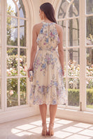Laden Sie das Bild in den Galerie-Viewer, Geblümtes Halter-Aprikosen-A-Line-Beach-Midi-Kleid mit Rüschen und Schleife