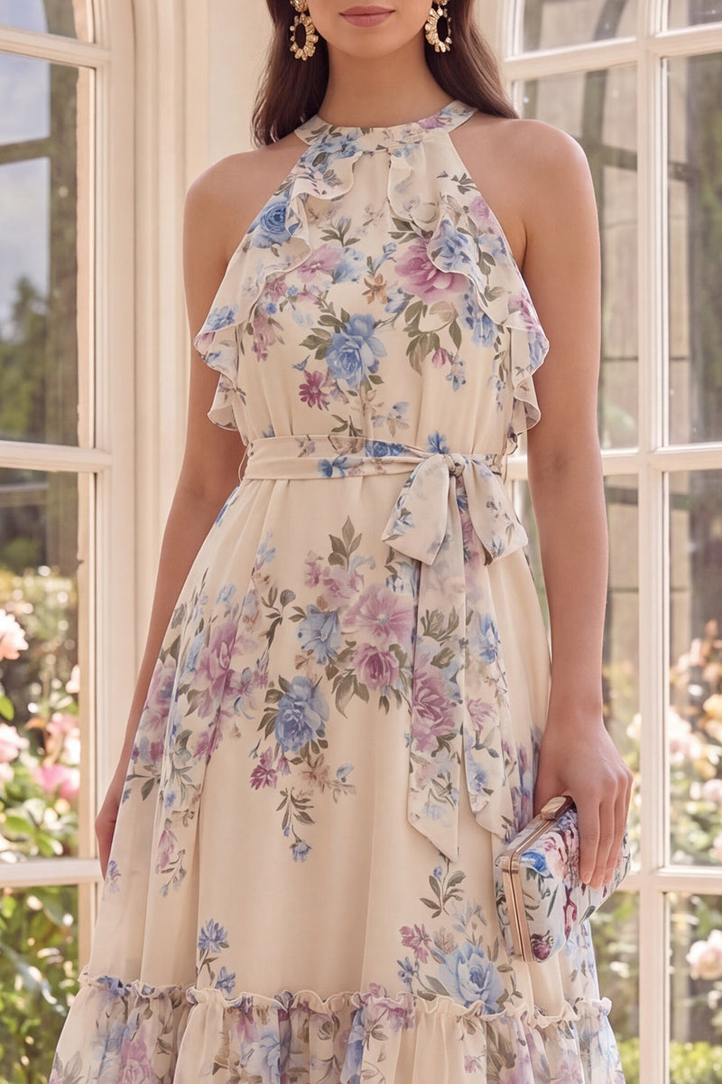 Laden Sie das Bild in den Galerie-Viewer, Geblümtes Halter-Aprikosen-A-Line-Beach-Midi-Kleid mit Rüschen und Schleife