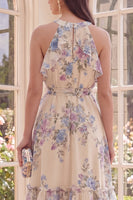 Laden Sie das Bild in den Galerie-Viewer, Geblümtes Halter-Aprikosen-A-Line-Beach-Midi-Kleid mit Rüschen und Schleife