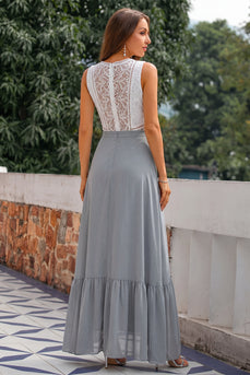 Graues Hoch Niedriges V-Ausschnitt Chiffon Spitze Brautjungfernkleid