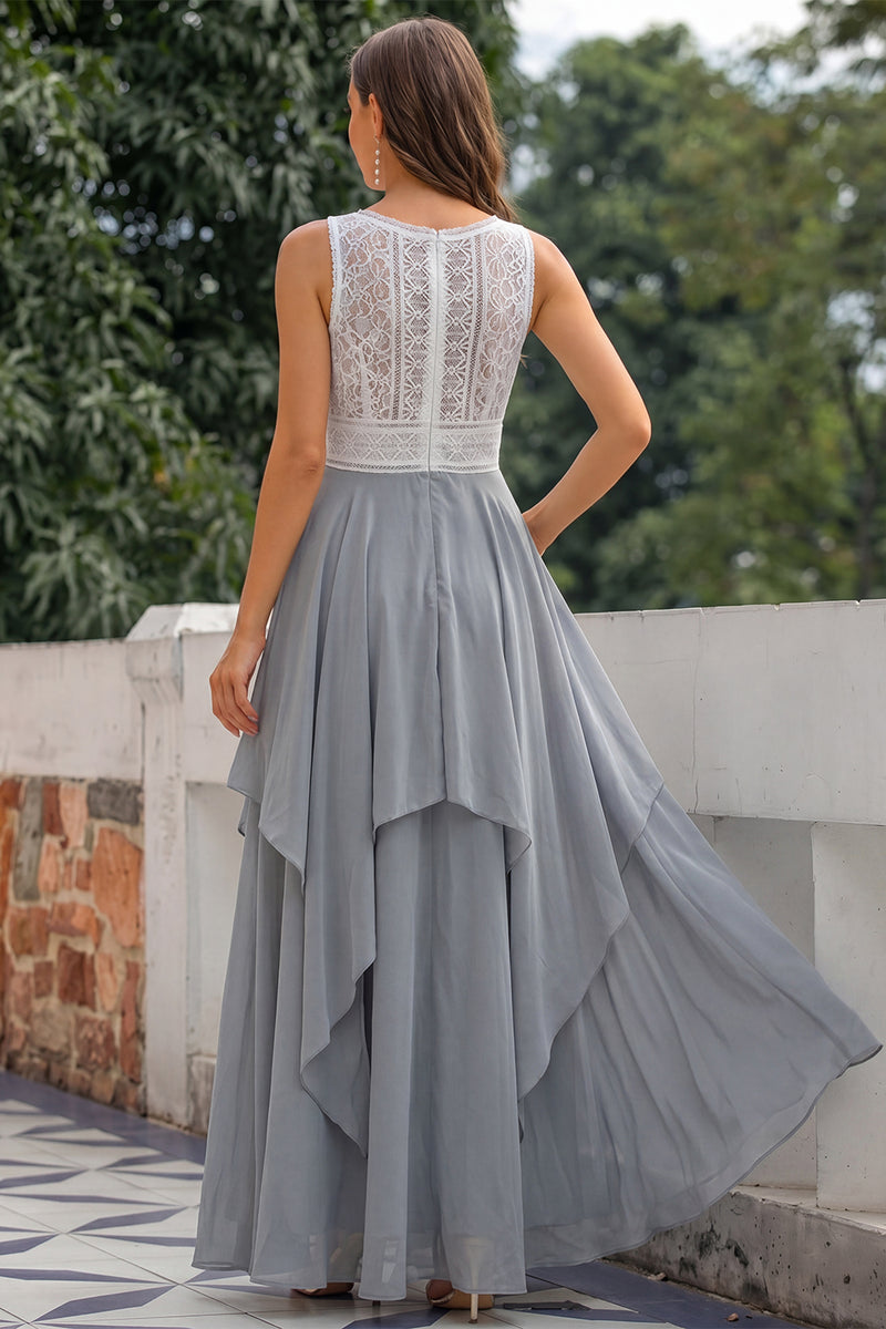Laden Sie das Bild in den Galerie-Viewer, Graues Langes V-Ausschnitt Ärmelloses Chiffon Brautjungfernkleid
