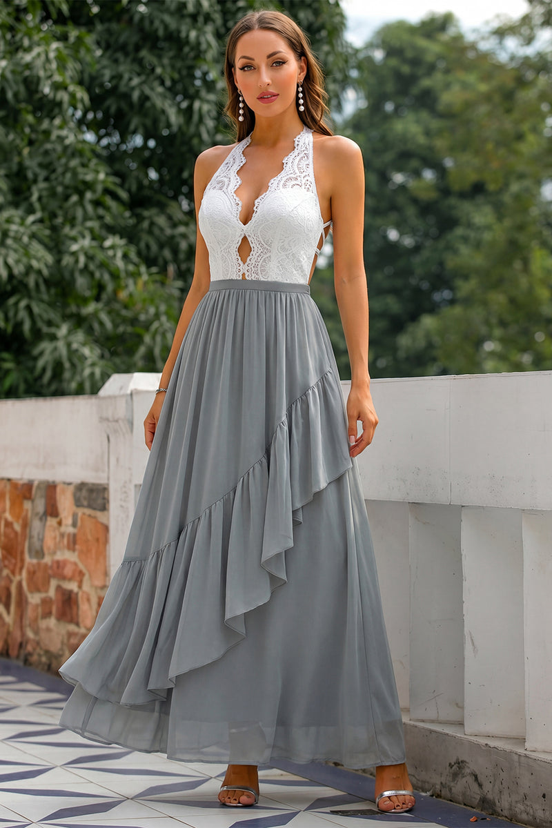 Laden Sie das Bild in den Galerie-Viewer, Graues Neckholder Offener Rücken Hochzeitsgast Kleid