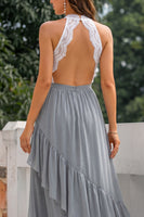 Laden Sie das Bild in den Galerie-Viewer, Graues Neckholder Offener Rücken Hochzeitsgast Kleid