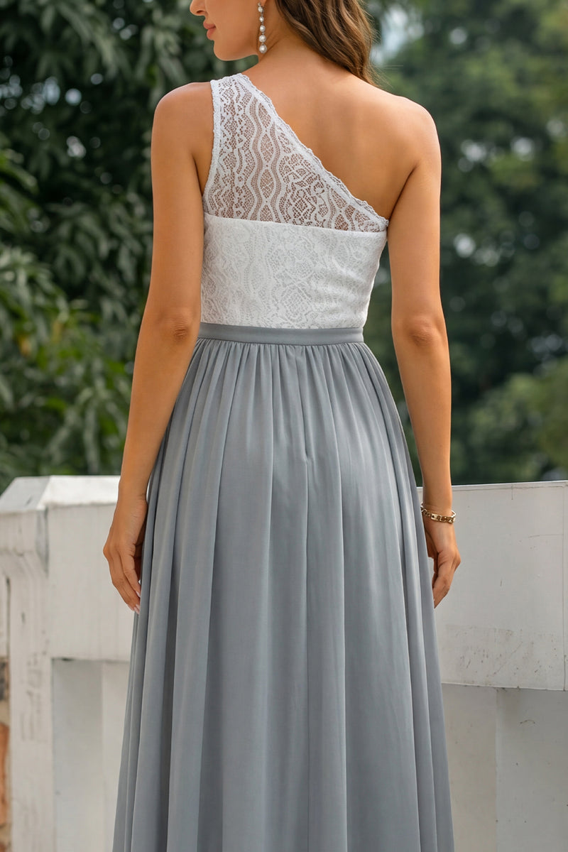 Laden Sie das Bild in den Galerie-Viewer, Graues Einschulter Langes Hochzeitsgast Kleid mit Beinschlitz